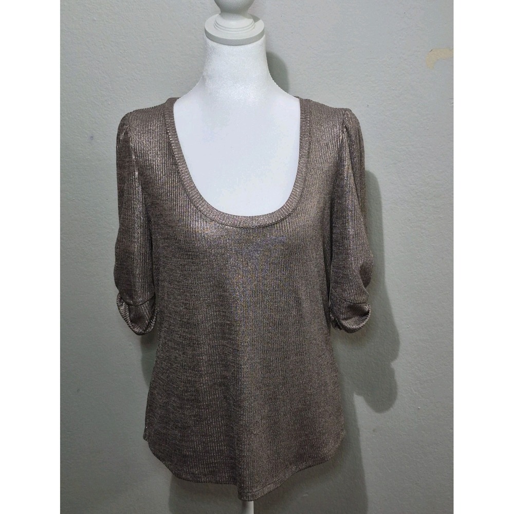 Anthropologie Women' Metallic Bronze Top Ruched Sleeves Sz Small‎ Preppy Festive